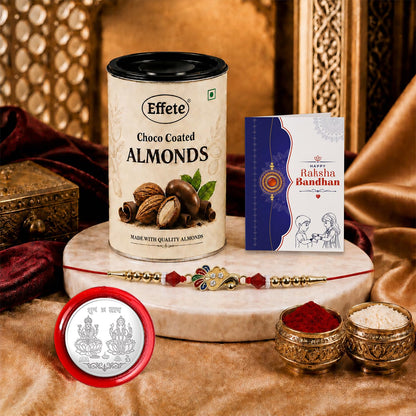 Rakhi with Chocolate for Brother – Raksha Bandhan Combo with Elegant Stylish Rakhi, Chocolate, Roli Chawal, Silver Color Coin & Greeting Card – Traditional Festival Celebration (Set of 5)