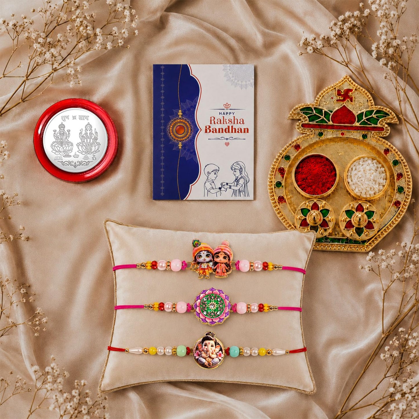 Ganesha, Flower, Radha Krishna Multicolor Rakhi for Brother & Bhaiya | Pack of 7