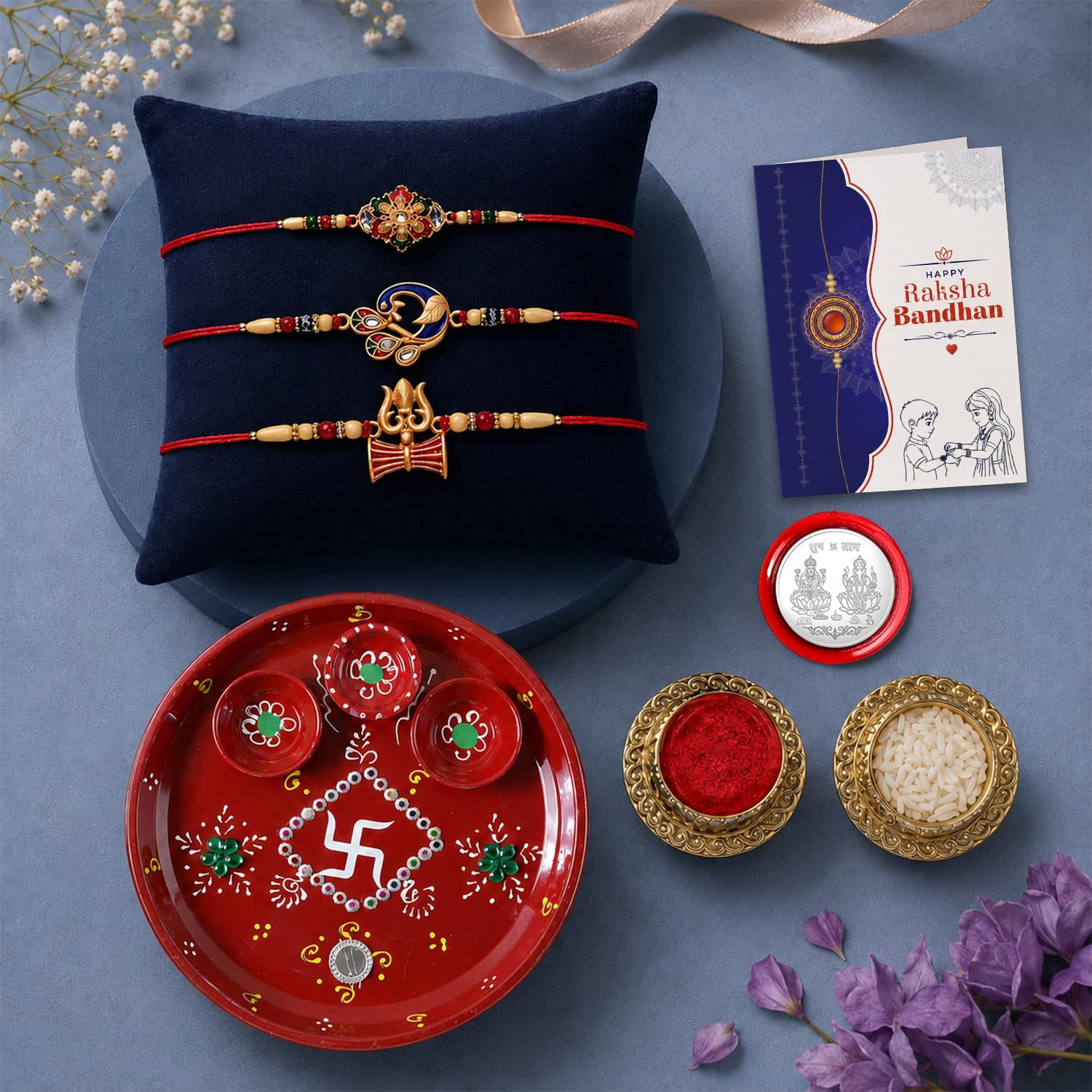 Designer Multicolor Flower, Peacock & Damru Rakhi Combo for Brother | Pack of 7