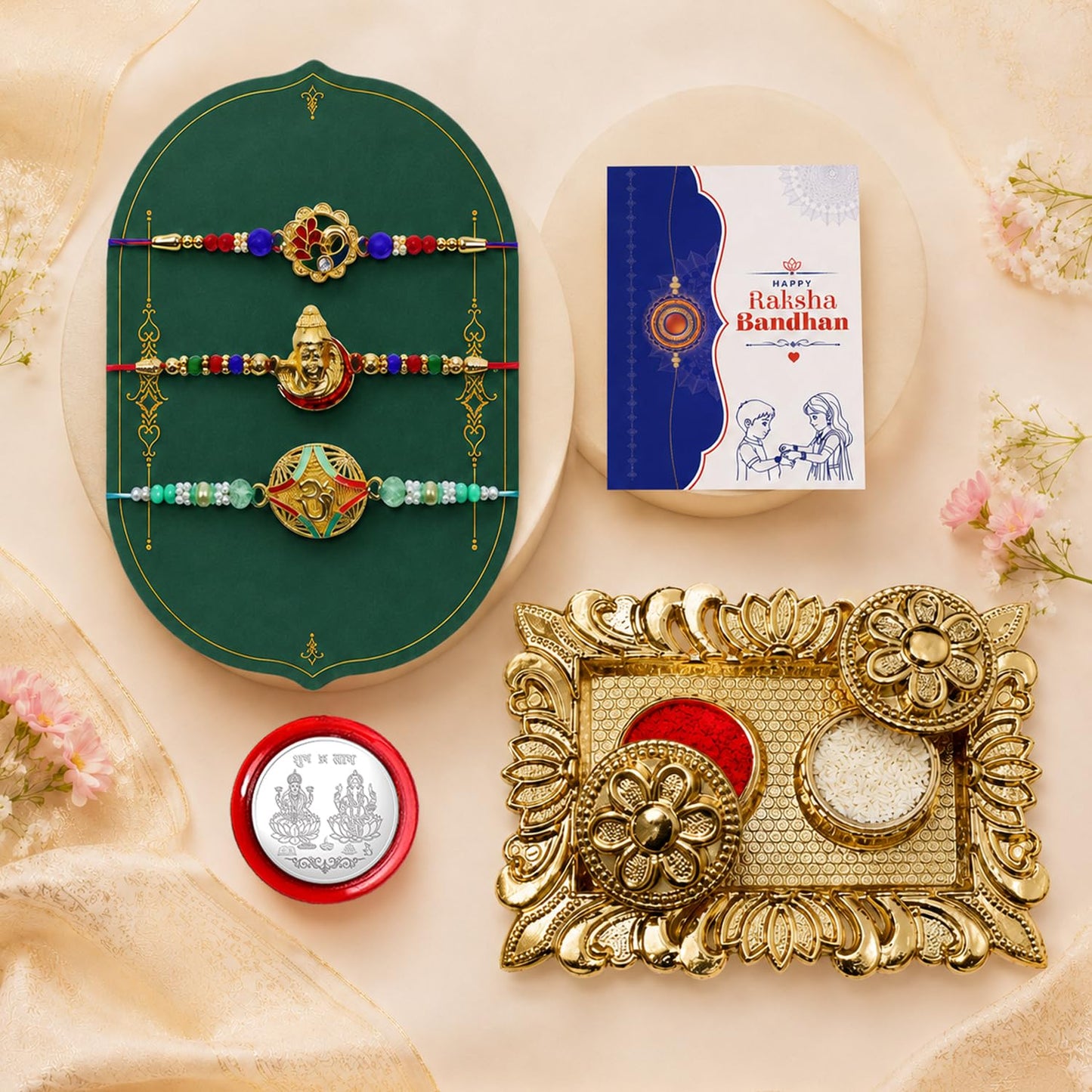 Peacock Rakhi for Brother with Pooja Thali - Raksha Bandhan Gift Set, Pack of 7
