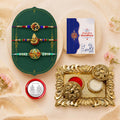 Peacock Rakhi for Brother with Pooja Thali, Roli Tikka & Greeting Card, Pack of 7