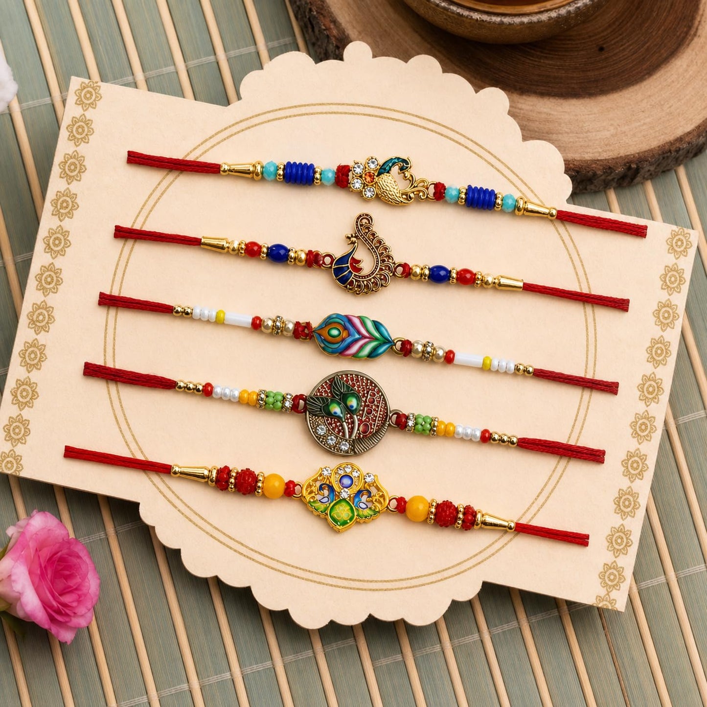 Designer Exquisite Rakhi for Brother with Roli Tikka & Greeting Card, Pack of 8