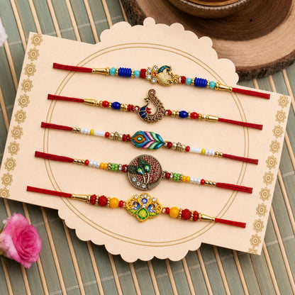 Designer Exquisite Rakhi for Brother with Roli Tikka & Greeting Card, Pack of 8