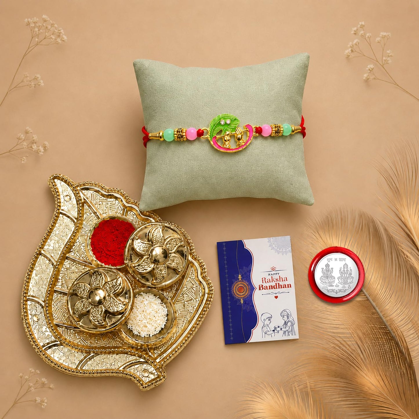 Krishna Bansuri Rakhi for Brother with Pooja Thali, Roli Tikka & Card, Pack of 5