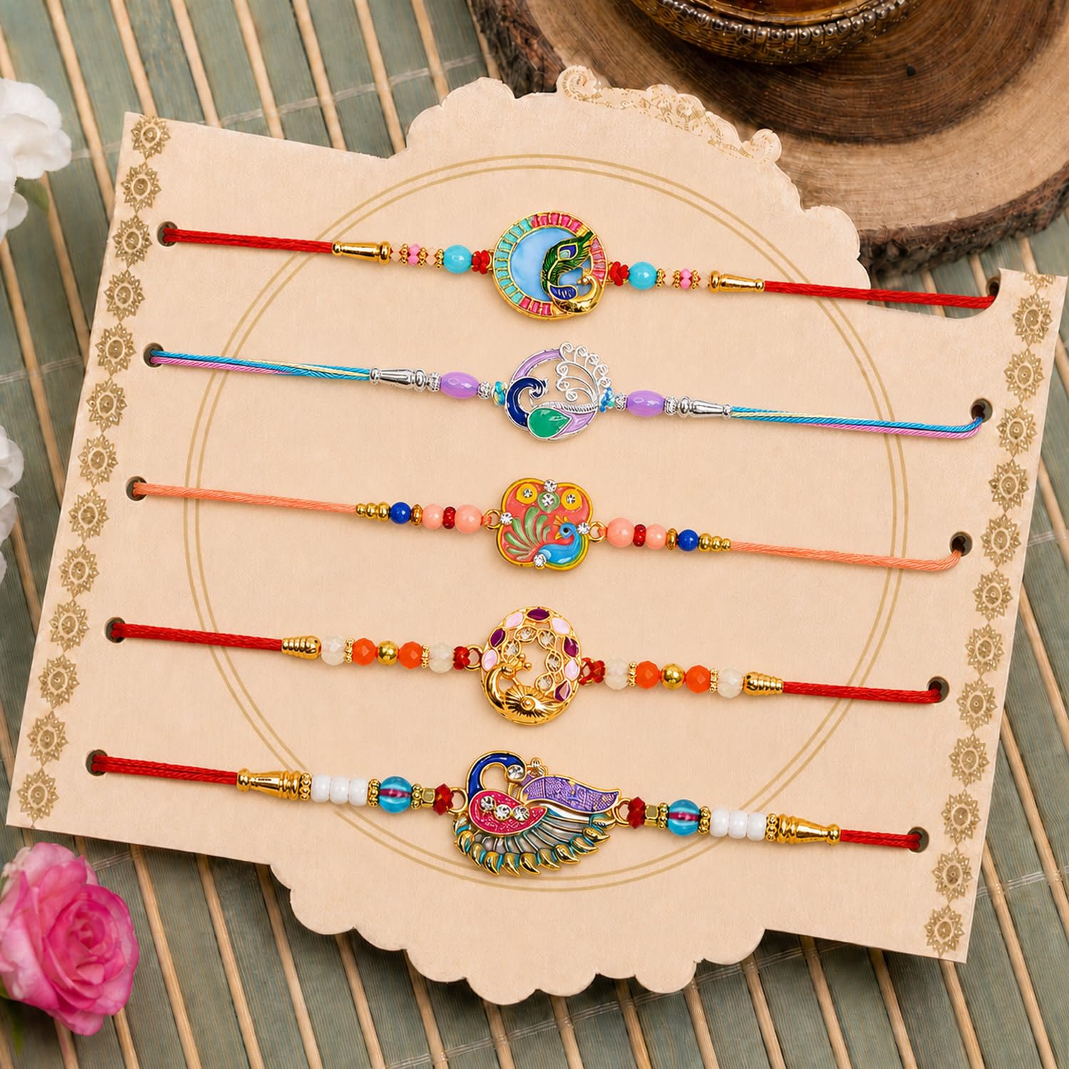 Elegant Auspicious Rakhi for Brother with Roli Tikka & Greeting Card, Pack of 8