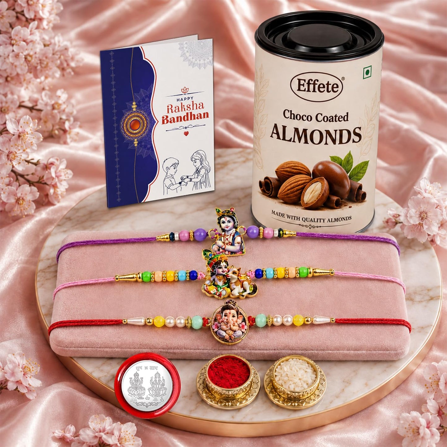 Krishna Rakhi Combo - Raksha Bandhan Gift with Choco Almonds 96gm, Pack of 7 | Rakhi Gift