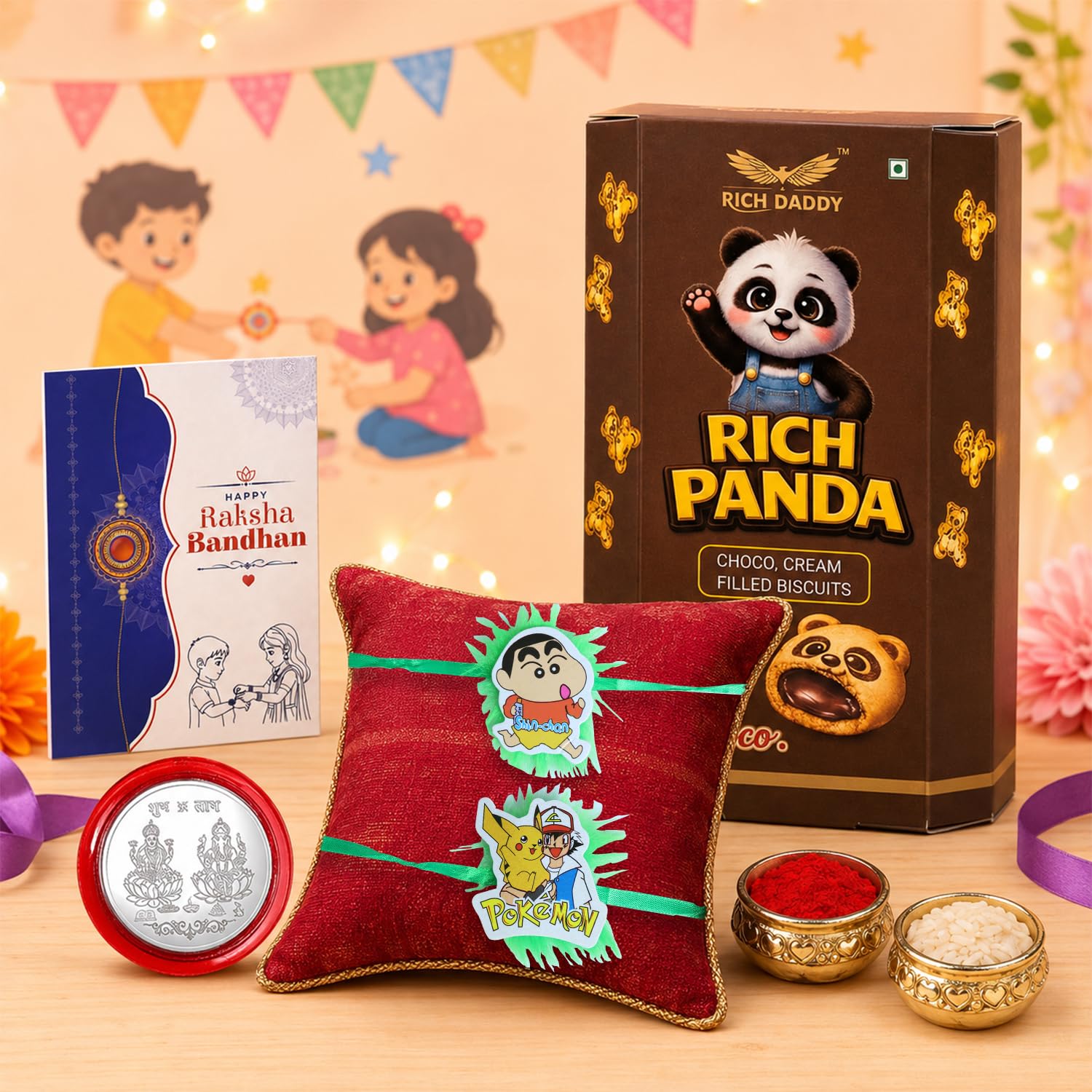 Kids Yellow Mascot Rakhi for Brother with Chocolate Cream Biscuit 60gm, Pack of 6