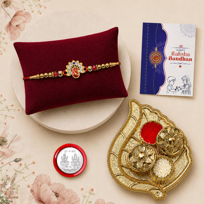 Peacock Rakhi Combo - Raksha Bandhan Gift with Leaf Design Pooja Thali, Pack of 5