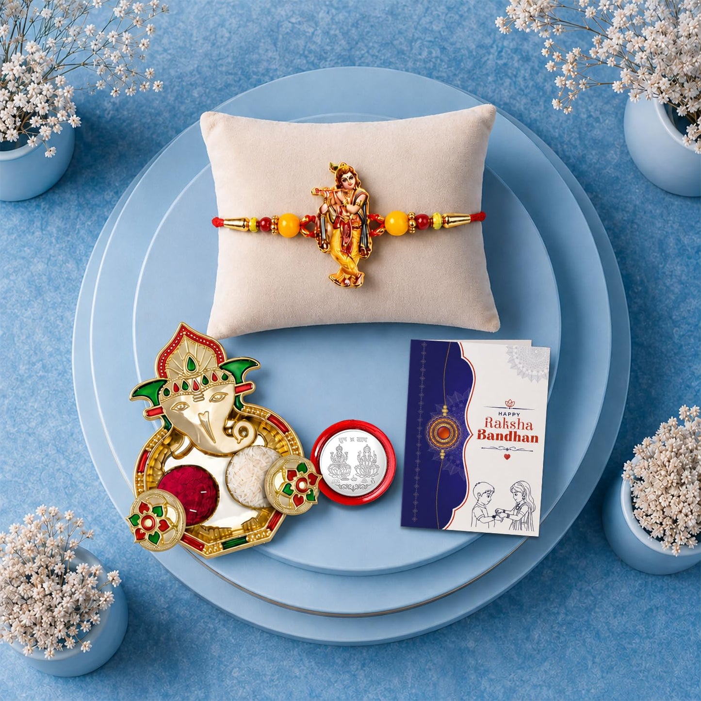 Krishna Multicolor Rakhi for Brother & Bhaiya with Shri Ganesh Pooja | Pack of 5