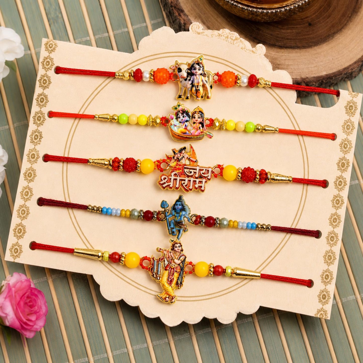 Designer Adorable Rakhi for Brother with Roli Tikka, Pooja Coin & Card, Pack of 8