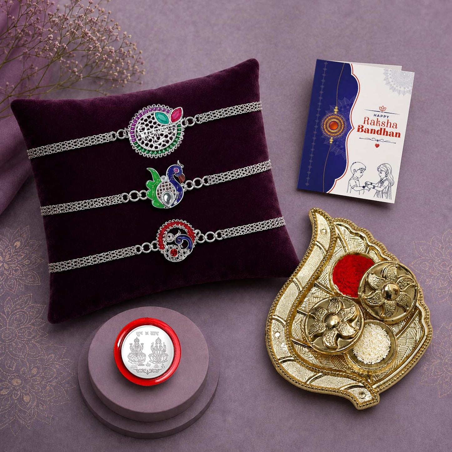 Krishna Silver Rakhi for Brother with Pooja Thali, Roli Tikka & Card, Pack of 7
