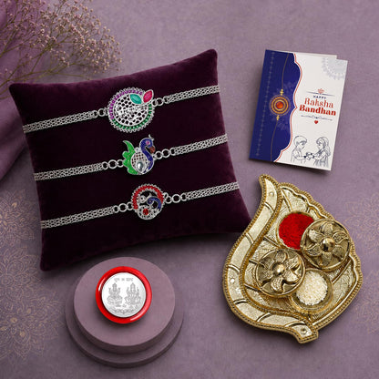 Krishna Silver Rakhi for Brother with Pooja Thali, Roli Tikka & Card, Pack of 7