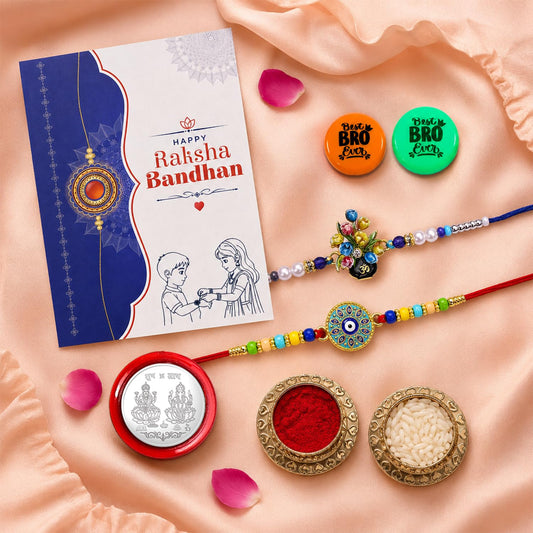 Floral Charm, Evil Eye Multicolor Rakhi & Multicolour Decorative | Pack of 7