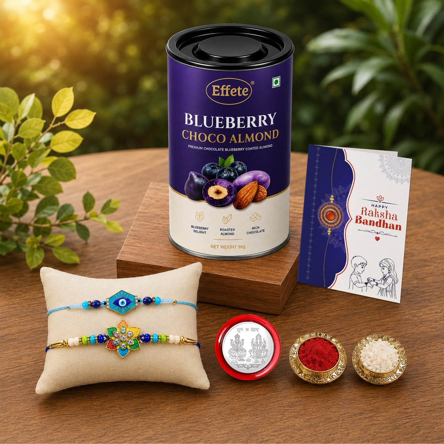 Evil Eye, Flower Multicolor Rakhi & Blueberry Choco Almond 96gm with Roli Chawal, Silver Color Pooja Coin & Greeting Card, rakhi combo for brother, Rakshbandhan Combo, Pack of 6 For Raksha Bandhan