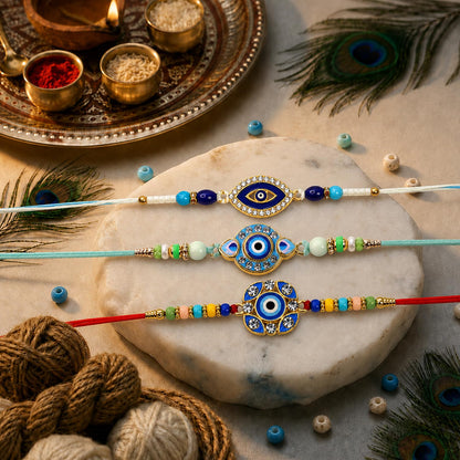 Designer Rakhi for Brother with Roli Chawal, Pooja Coin & Card | Pack of 3