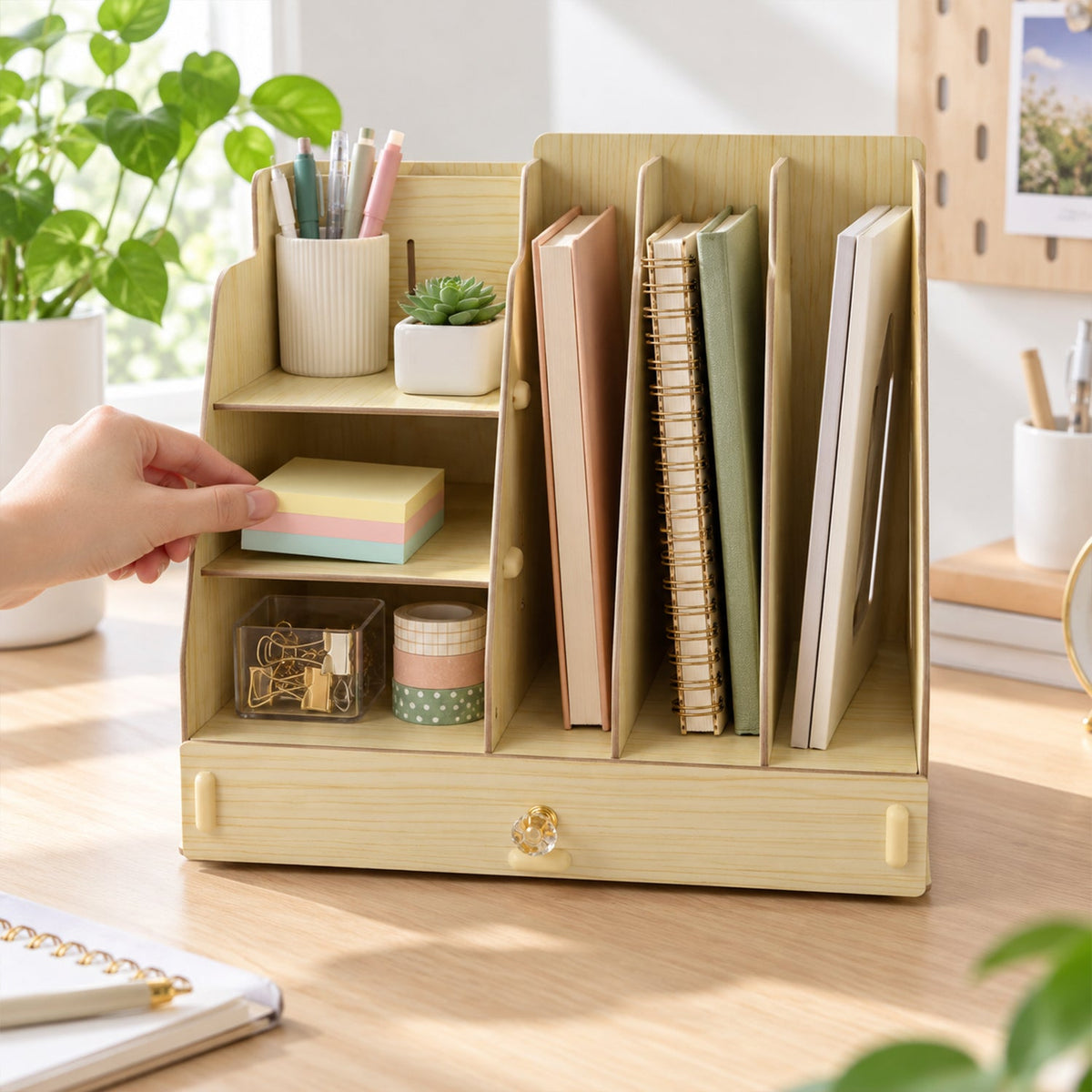 Wooden desk organizer with various stationery items, a hand places a stack of colorful sticky notes on a shelf.