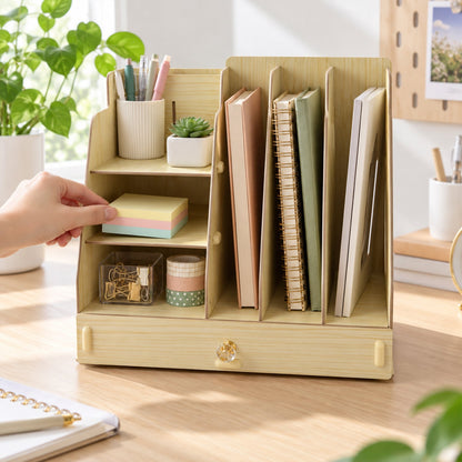 Wooden desk organizer with various stationery items, a hand places a stack of colorful sticky notes on a shelf.
