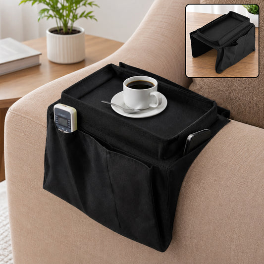 Sofa Armrest Organizer – Black Storage Caddy with Tray | Organivo