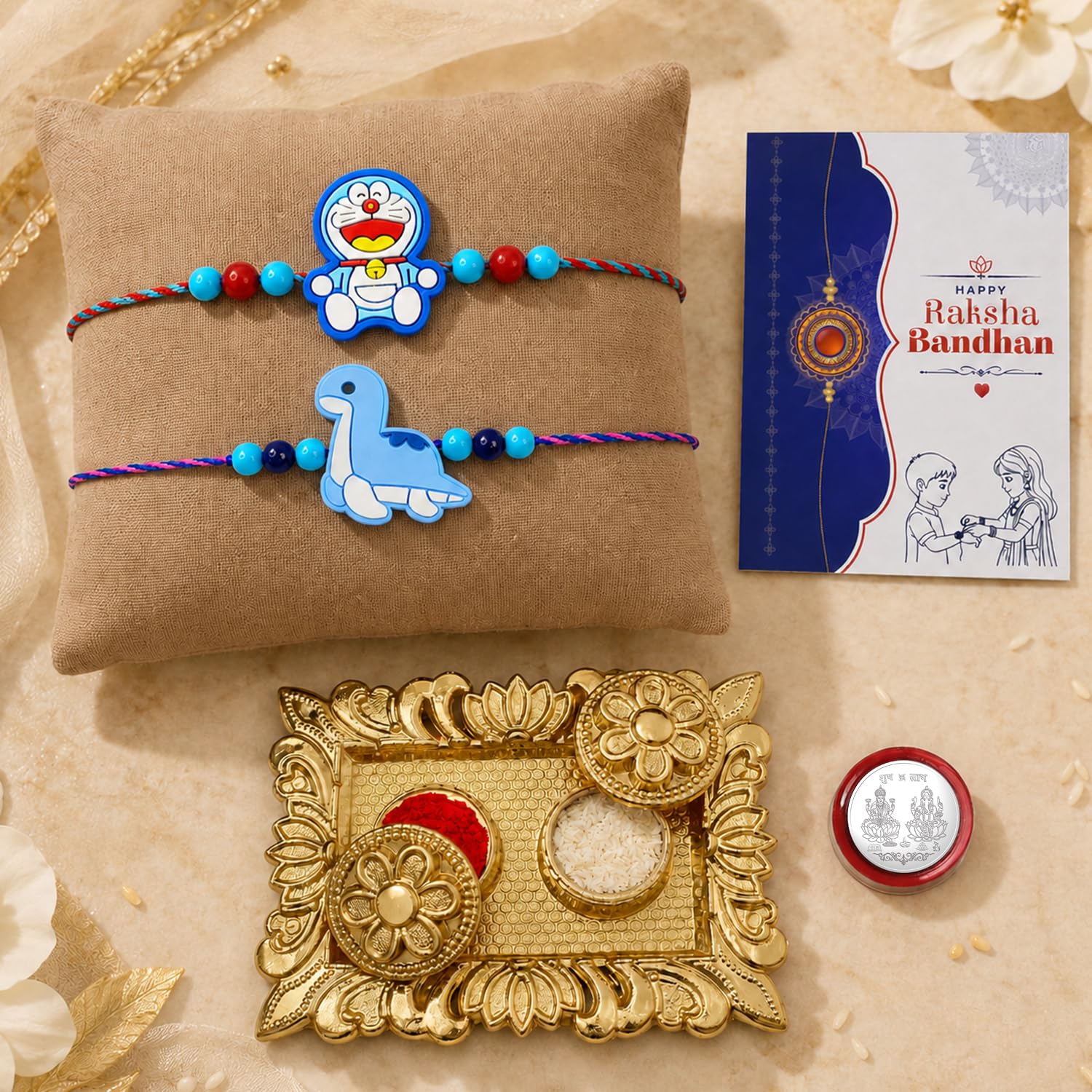 Cartoon Character Rakhi for Brother with Pooja Thali, Coin & Card, Pack of 6