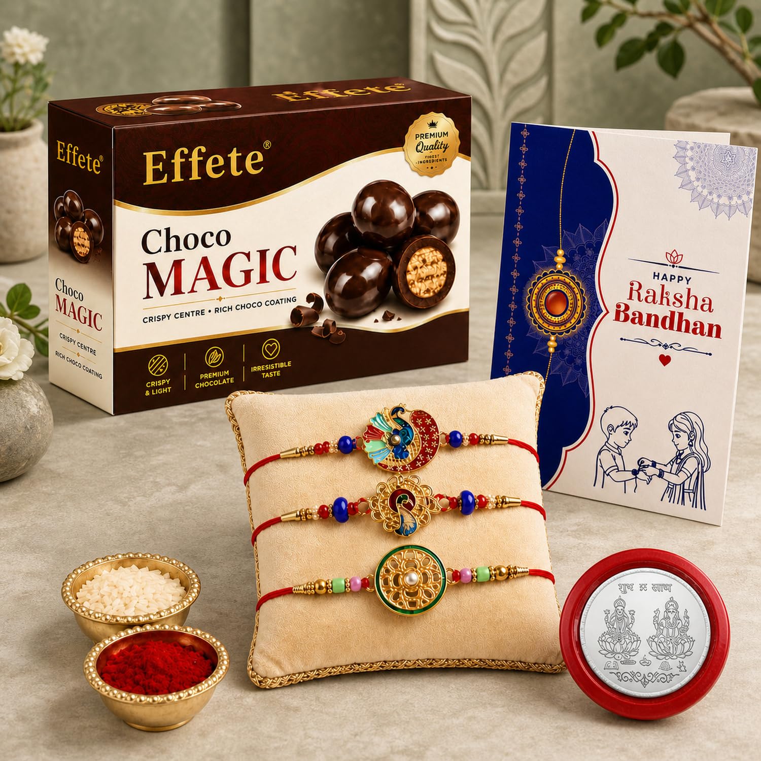 Floral Motif Rakhi for Brother with Chocolate Magic 96gm, Coin & Card, Pack of 7