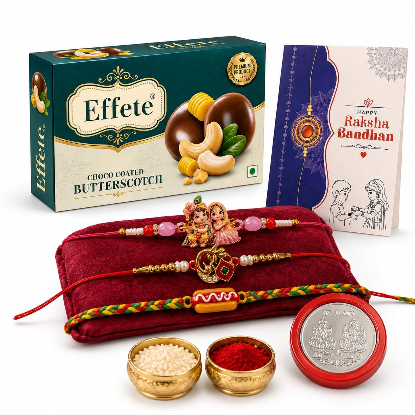 Rakhi Set for Brother (Set of 7) – Radha Krishna, Food & Bird Design Rakhi Combo with Chocolate, Roli Chawal, Silver Color Coin & Greeting Card – Raksha Bandhan Pack (K3_1065+1684+1220_BS32)