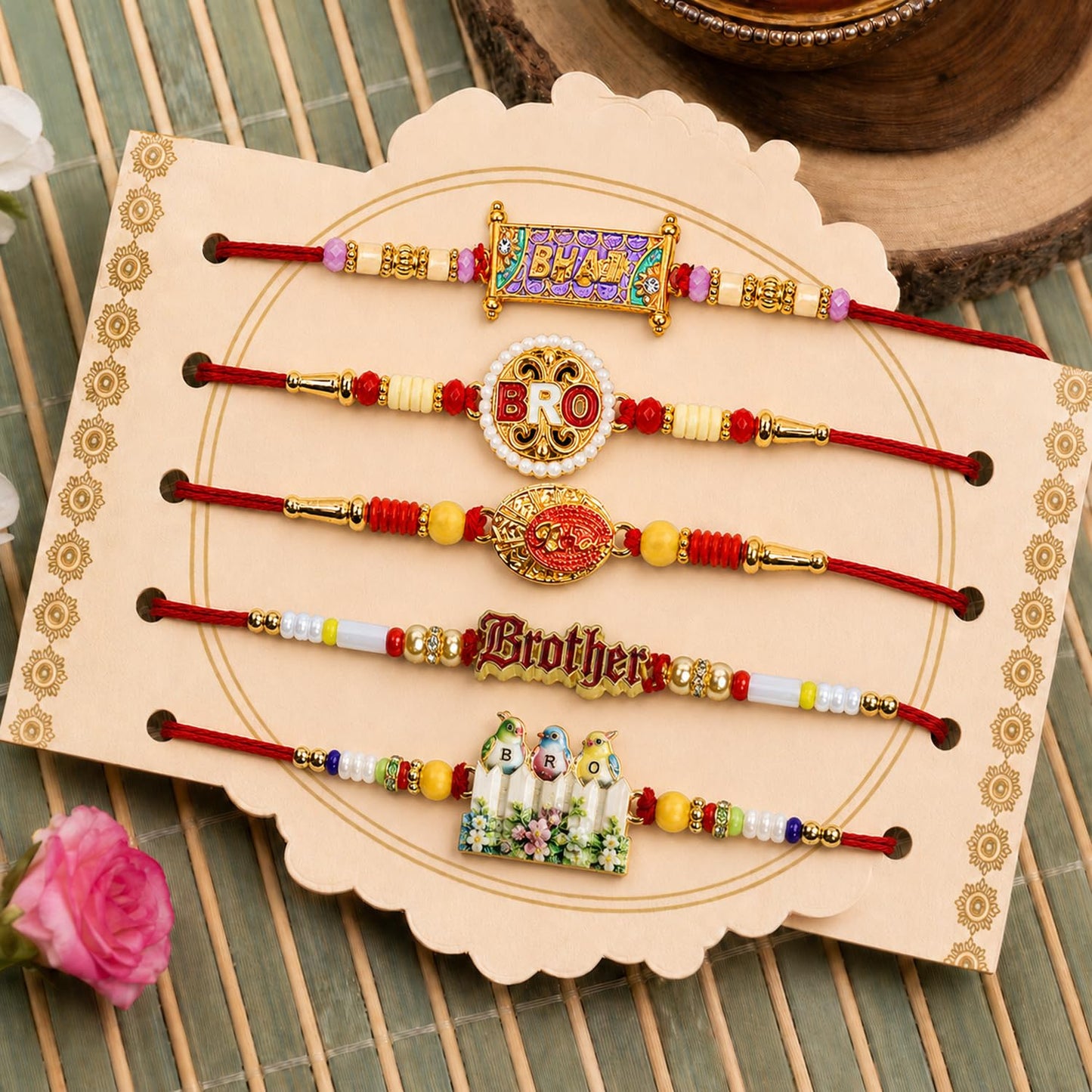 Handcrafted Delightful Rakhi for Brother with Roli Tikka & Card, Pack of 8