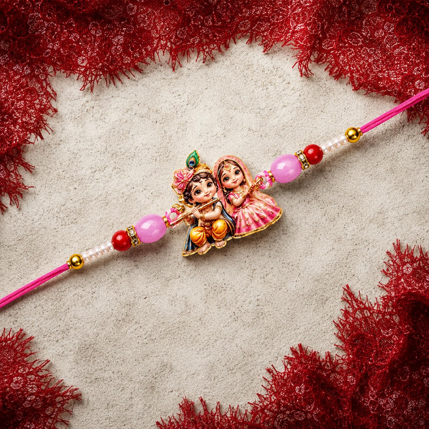 Krishna Radha Rakhi for Brother with Choco Almonds 32gm, Coin & Card | Pack of 5