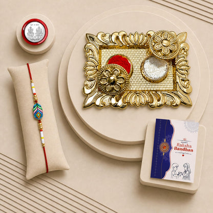 Peacock Feather Rakhi Combo - Raksha Bandhan Gift with Rectangular Pooja Thali, Pack of 5
