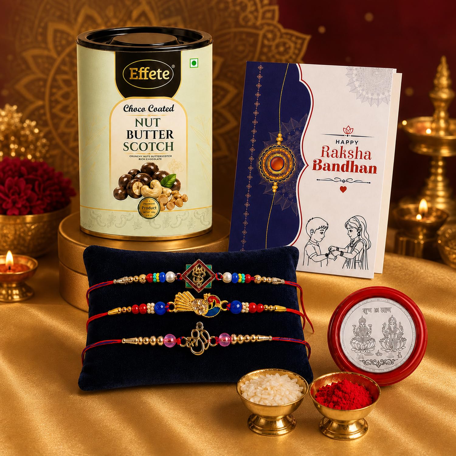 Ganesh Charm Rakhi for Brother with Butter Scotch 96gm, Coin & Card, Pack of 7