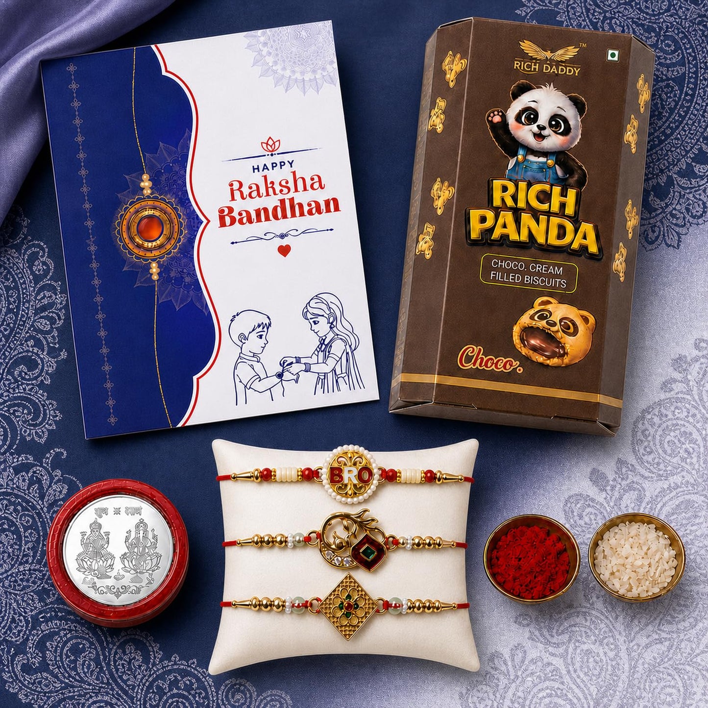 Rhombus Multicolor Rakhi – Choco Cream Filled Raksha Bandhan Gift Combo (Pack of 7)