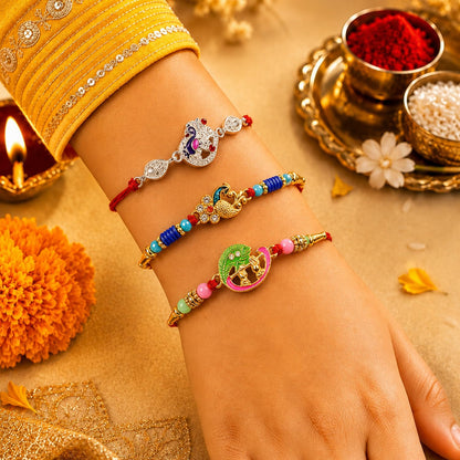 Designer Elegant Rakhi for Brother with Roli Tikka & Card, Pack of 6 | Classic