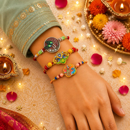 Designer Stylish Multicolor Peacock Rakhi for Brother with Roli Tikka, Pack of 6