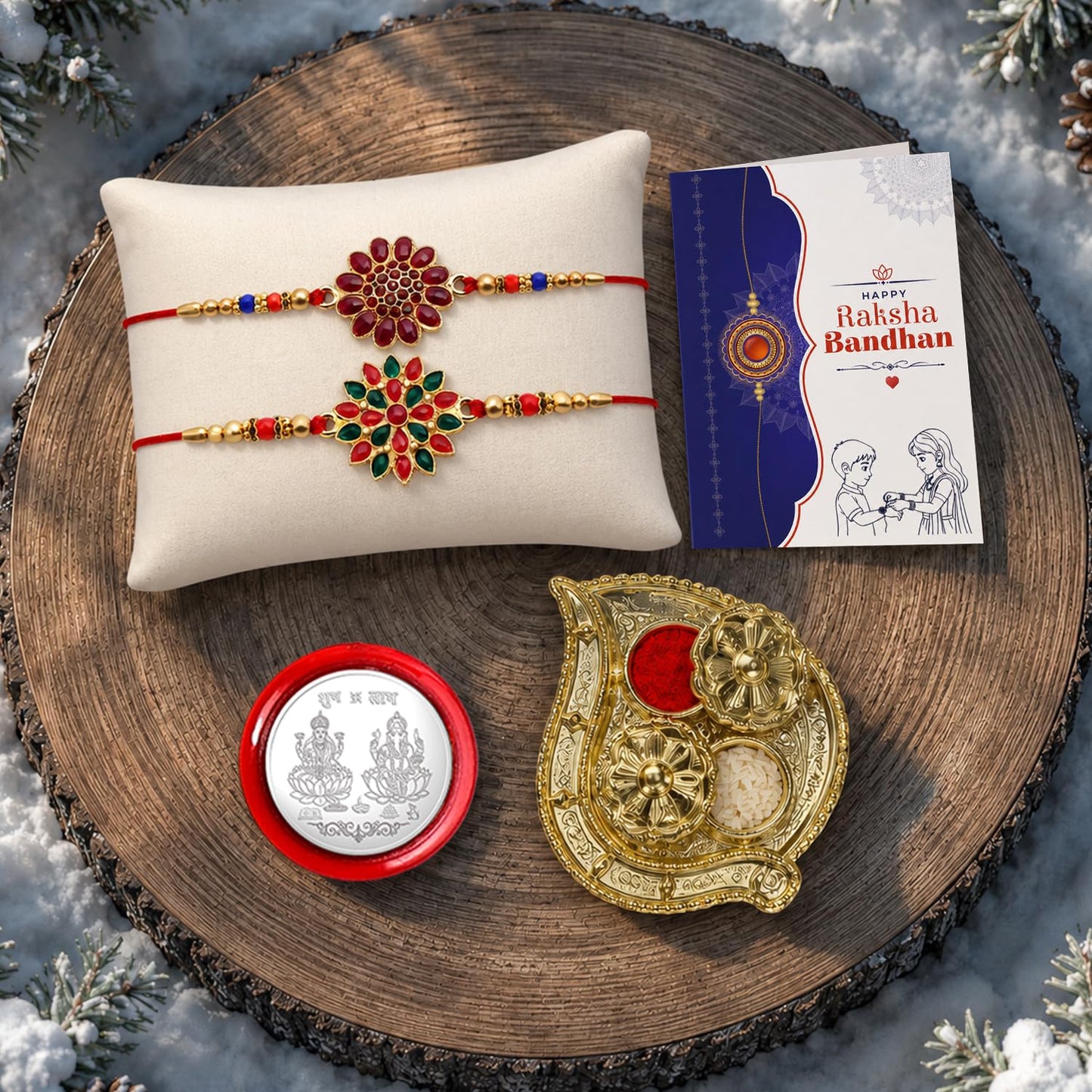 Flower Rakhi for Brother with Pooja Thali, Roli Tikka & Greeting Card | Pack of 6