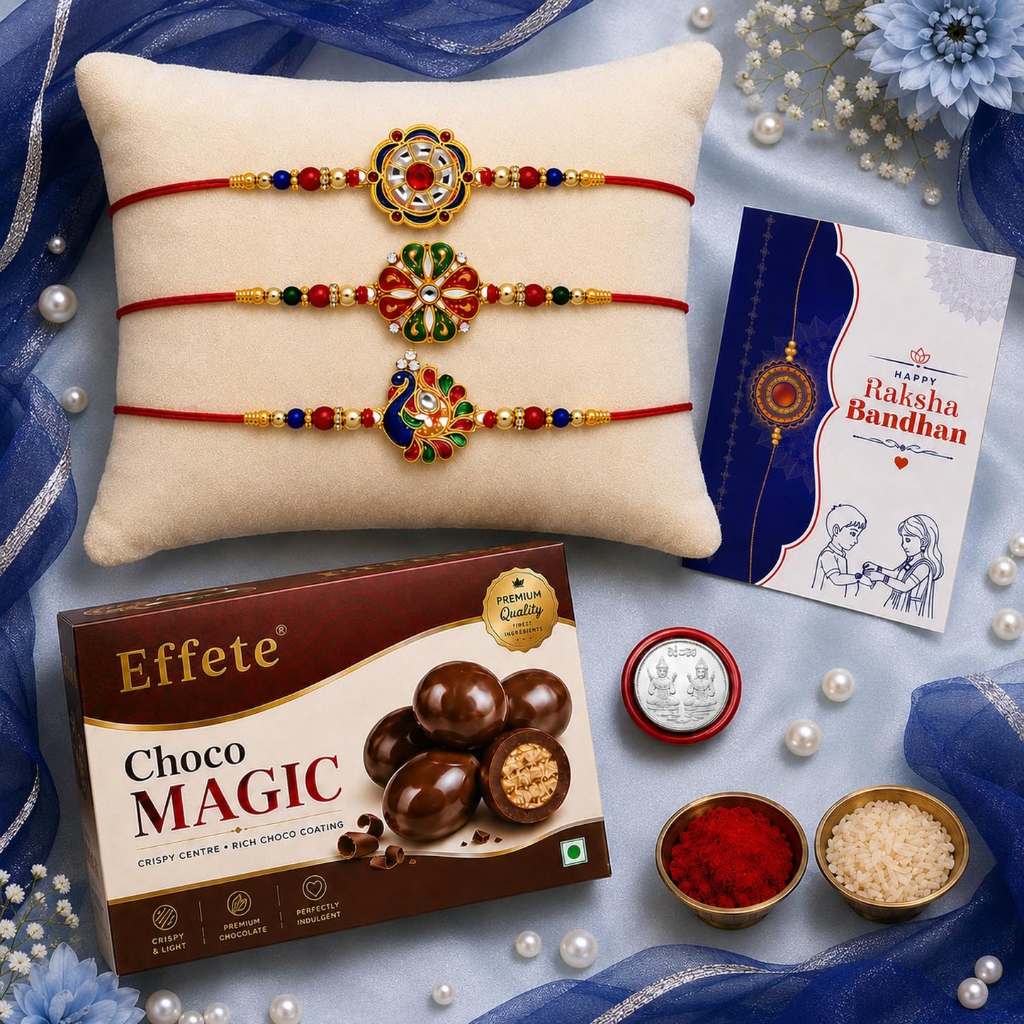 DeoDap Peacock Rakhi for Brother with Choco Magic 32gm, Roli Chawal & Card, Pack of 3
