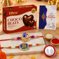 Peacock Rakhi for Brother with Choco Beats 32gm, Roli Tikka & Card - Pack of 6