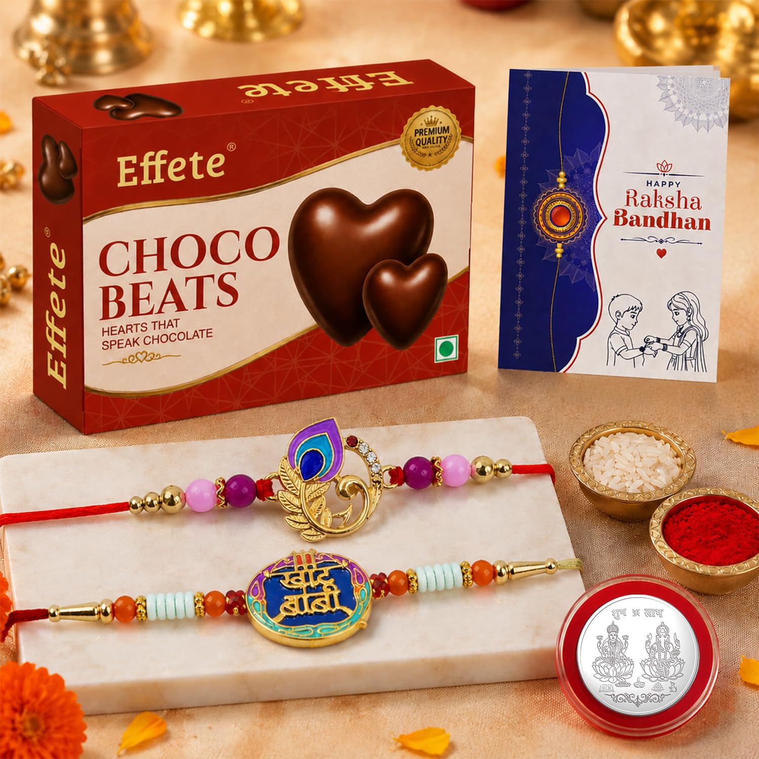 Peacock Rakhi for Brother with Choco Beats 32gm, Roli Tikka & Card - Pack of 6