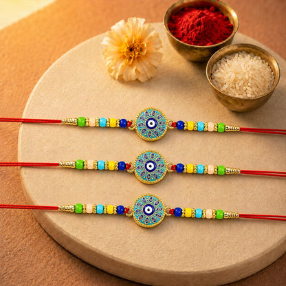 Designer Elegant Rakhi for Brother with Roli Tikka & Card, Pack of 3 | Ethnic