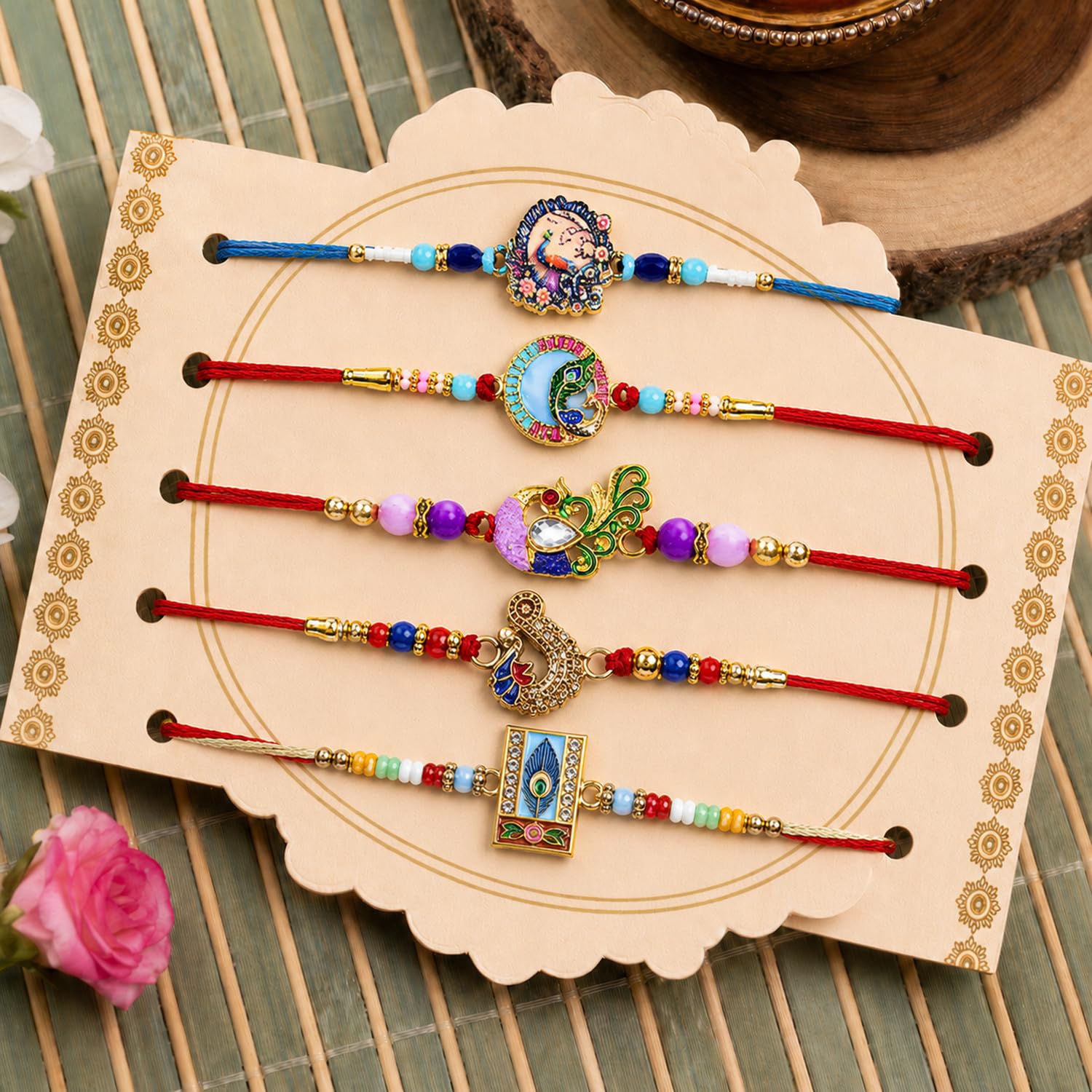 Handcrafted Sacred Rakhi for Brother with Roli Tikka & Greeting Card, Pack of 8