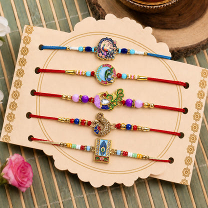Handcrafted Sacred Rakhi for Brother with Roli Tikka & Greeting Card, Pack of 8