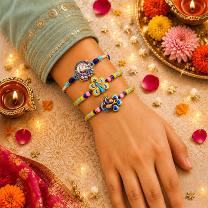 Designer Gorgeous Multicolor Peacock Rakhi for Brother with Roli Tikka, Pack of 6