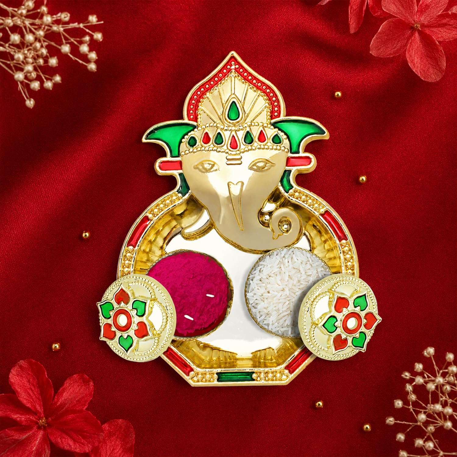 Multicolor Ganesha Bracelet/Rakhi & Shri Ganesh Pooja Thali with Silver Color Pooja Coin, Tikka/Tilak Set & Greeting Card, Rakhi Gift Hamper (Pack of 5) For Raksha Bandhan