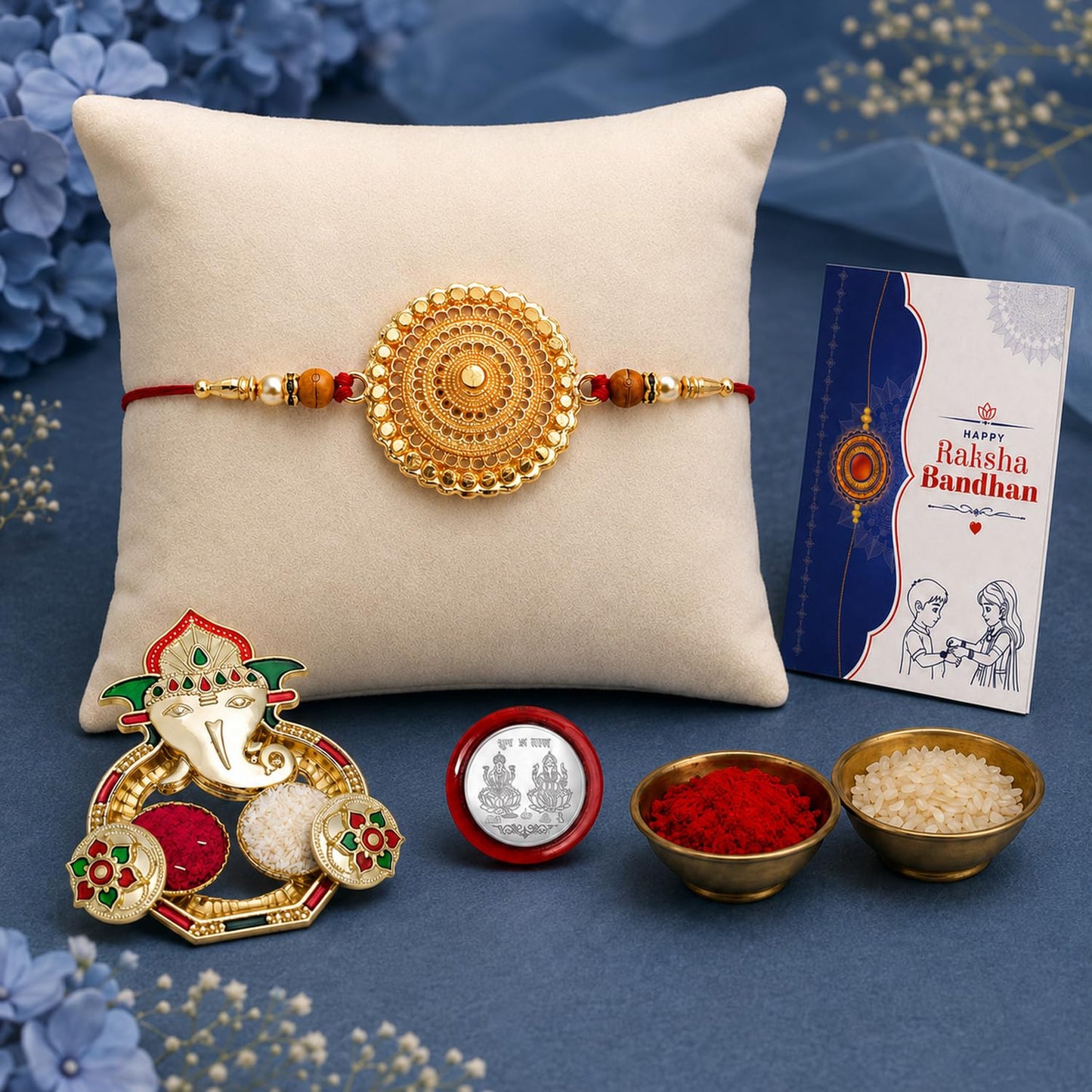 Multicolor Round Rakhi Combo for Bhaiya Bhai with Shri Ganesh Thali | Pack of 5