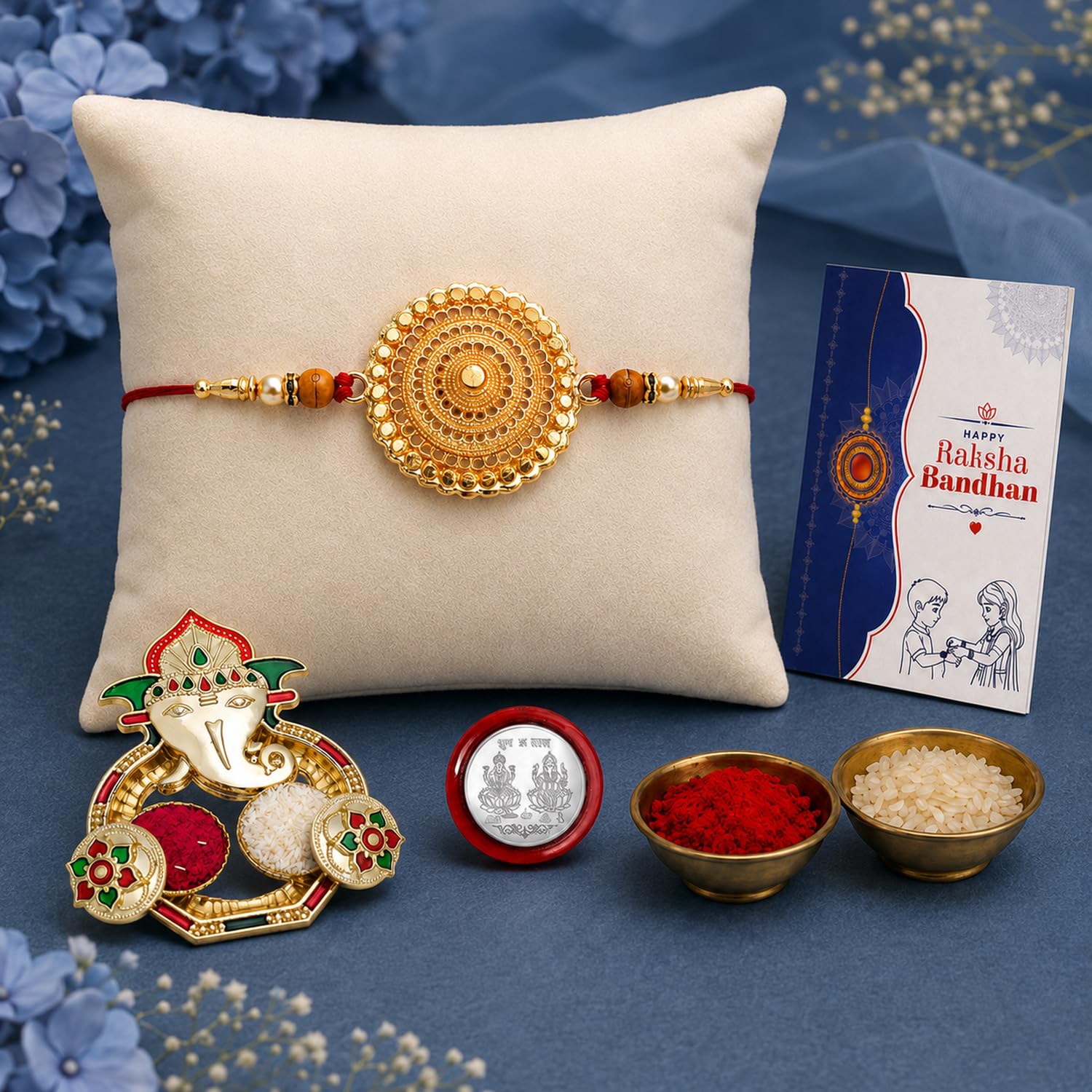 Multicolor Round Rakhi Combo for Bhaiya Bhai with Shri Ganesh Thali | Pack of 5