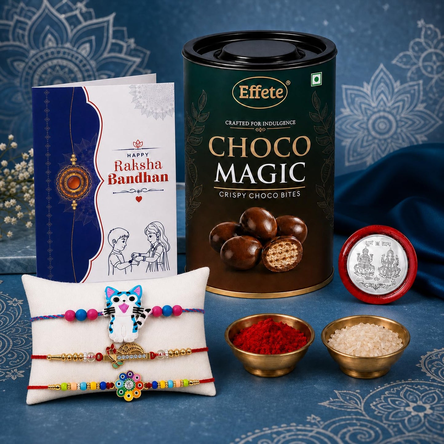 Cat Charm Rakhi for Brother with Choco Magic 96gm, Roli Tikka & Card, Pack of 7