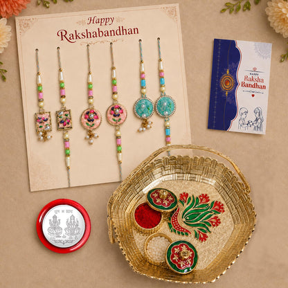 Multicolor Rakhi for Brother & Bhaiya with Basket-Topli Pooja Thali | Pack of 7