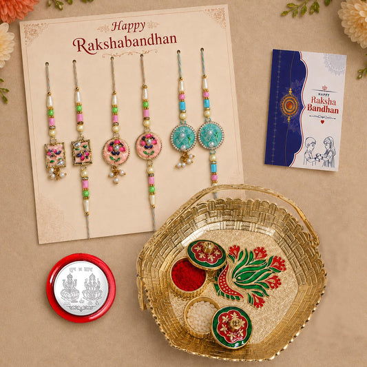 Multicolor Rakhi for Brother & Bhaiya with Basket-Topli Pooja Thali | Pack of 7