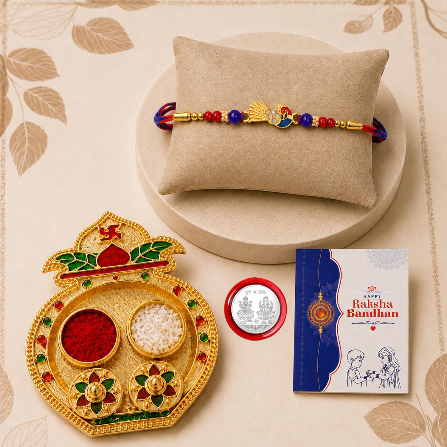 Multicolor Peacock Bracelet/Rakhi & Kalash Shape Pooja Thali with Silver Color Pooja Coin, Tikka/Tilak Set & Greeting Card, Rakhi Gift Hamper (Pack of 5) For Raksha Bandhan