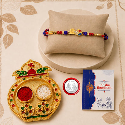 Multicolor Peacock Bracelet/Rakhi & Kalash Shape Pooja Thali with Silver Color Pooja Coin, Tikka/Tilak Set & Greeting Card, Rakhi Gift Hamper (Pack of 5) For Raksha Bandhan