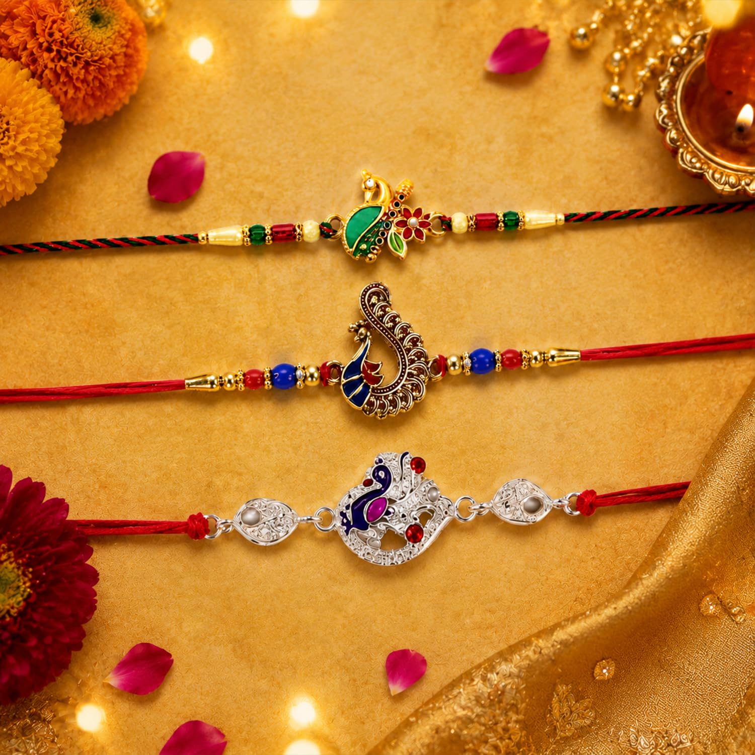 Designer Adorable Multicolor Peacock Rakhi for Brother with Roli Tikka, Pack of 6