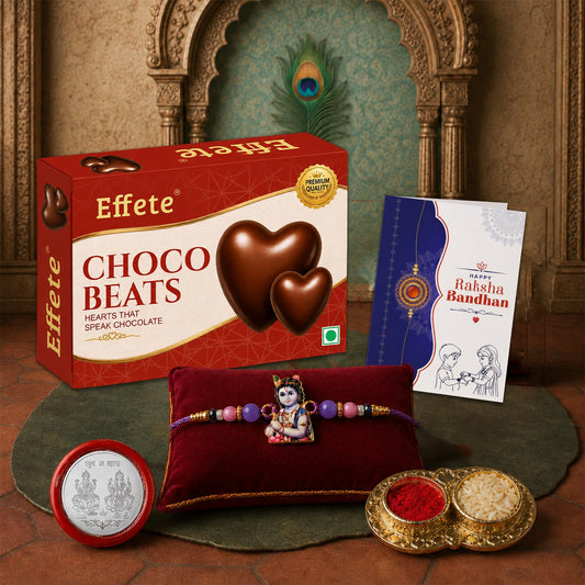 Krishna Rakhi for Brother with Chocolate Beats 32gm, Roli Tikka & Card, Pack of 5